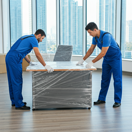 professional movers wrapping workstation